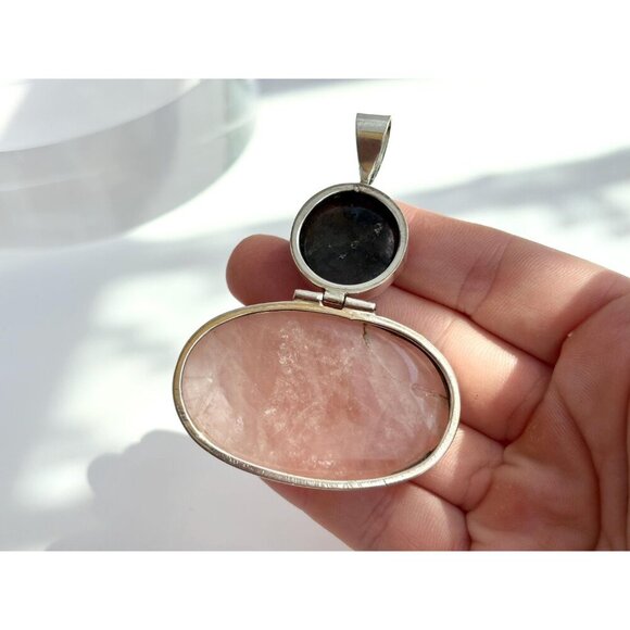 Rose Quartz & Labradorite Semi-Precious Gemstone Sterling 925 Vintage Pendant - Picture 6 of 10